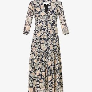 NWT: Ba&Sh Aline Floral Print Midi Dress in Noir, Beige Size - Small.